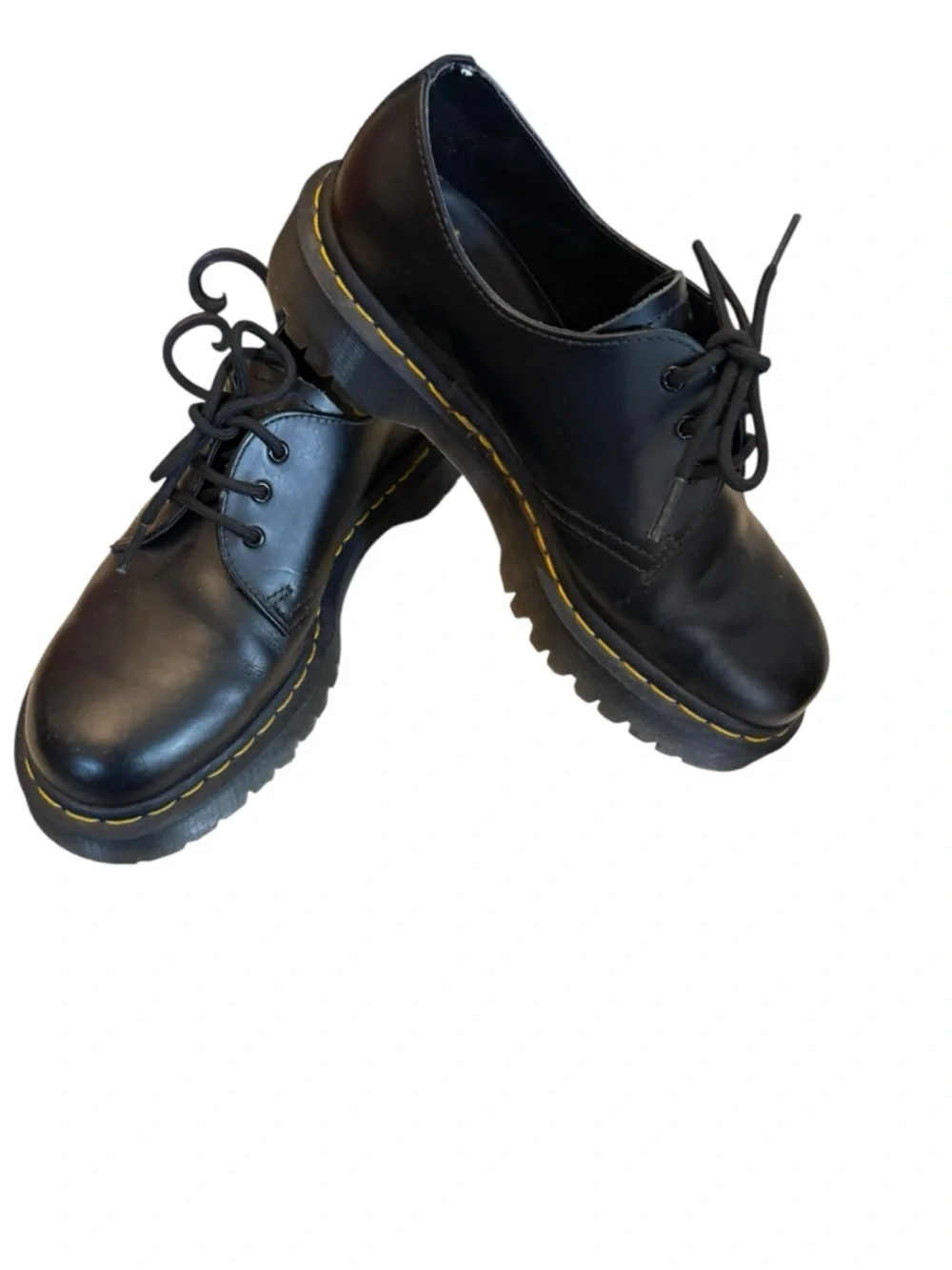 Dr Martens  Men's Black Lace-Up Platform Shoes with Yellow Stitch Detail